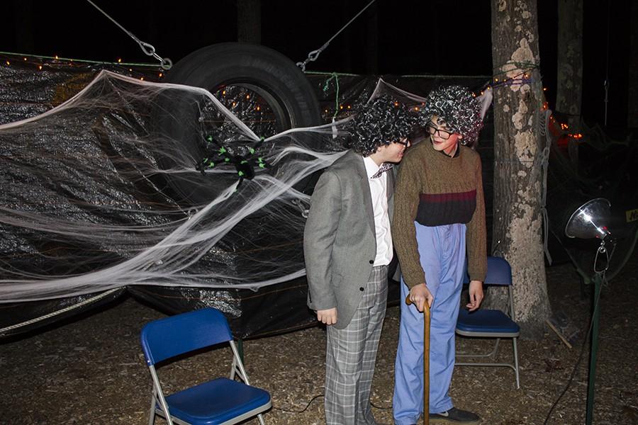 Sophomores Brendan Schabhetl and Ben Dionne dressed up like a grandma and grandpa to entertain people while they waited in line for Haunted Woods. 