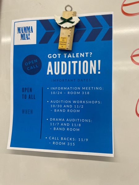 Drama club posts information on how to audition for this year's musical. The club has decided to put on the hit musical, Mamma Mia. (Photo by Kelly Egan)