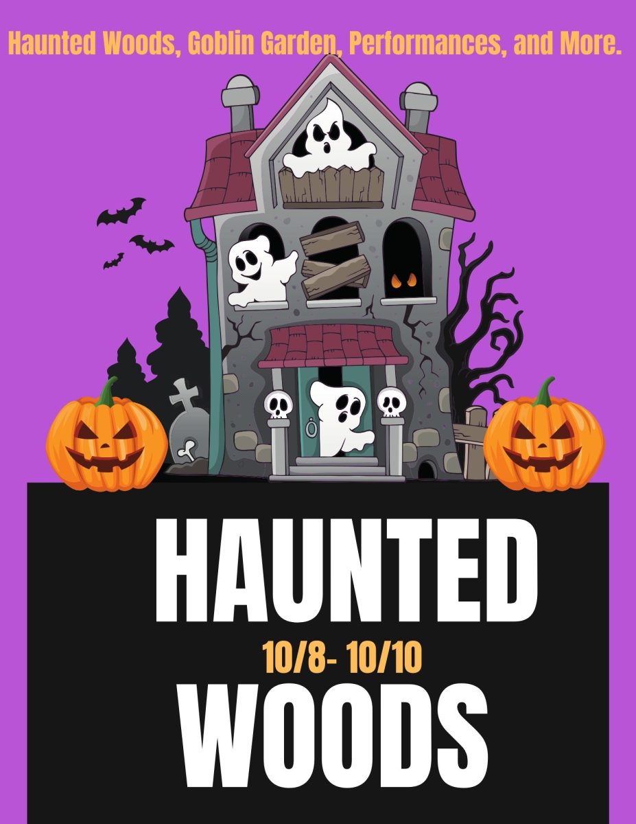 Come support the drama club for the  2024 Haunted Woods community event.
(Image created in Canva by Kelsey Sweet)