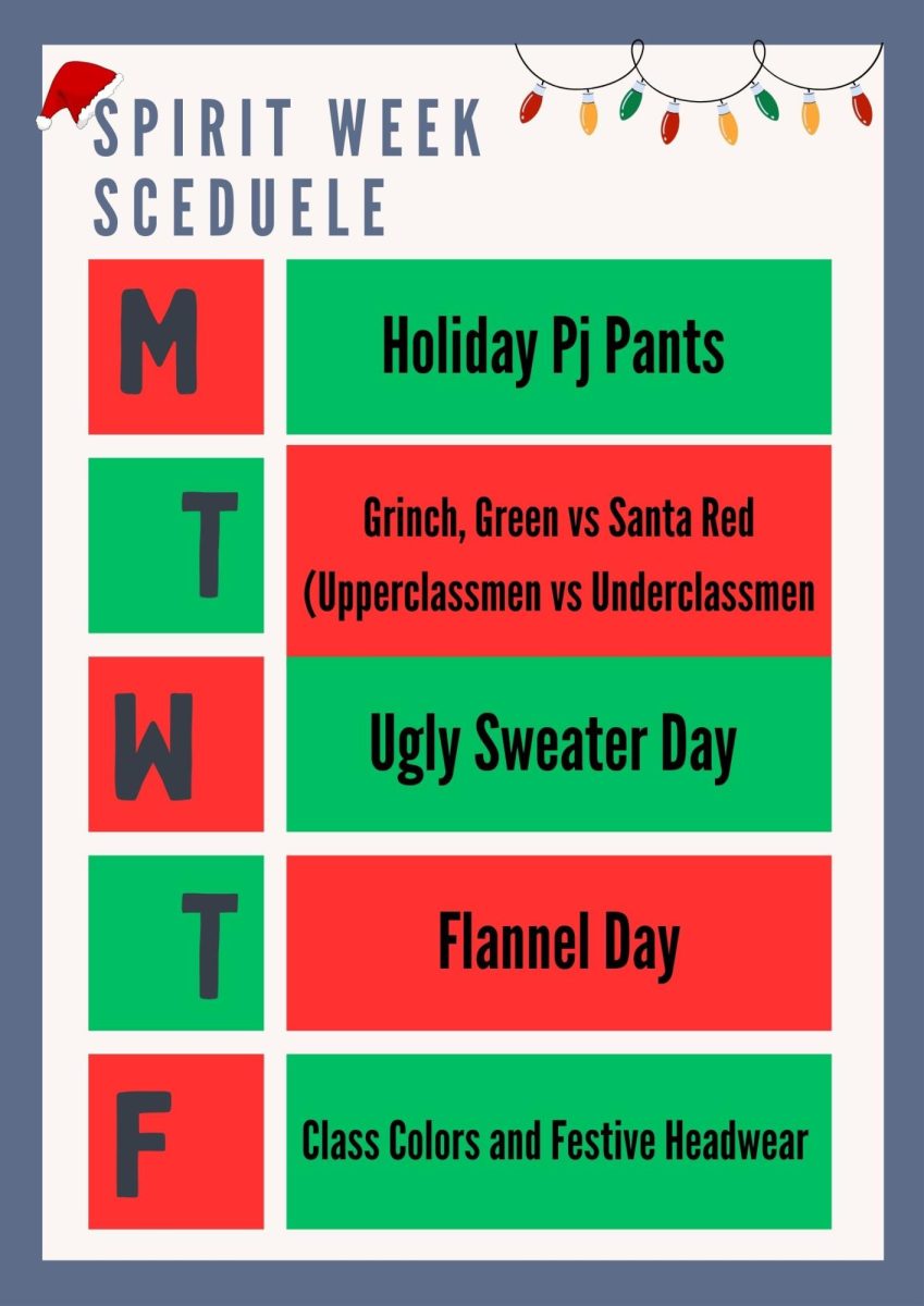 Holiday Spirit Week Schedule. (Image created in Canva by Kelsey Sweet).