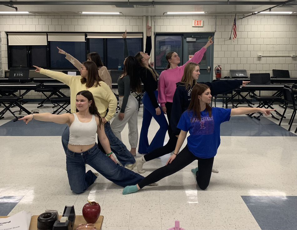 Footloose cast members work through the new choreography crafted by seniors Madison Tufts and Mason Turek. Photo provided by Mason Turek